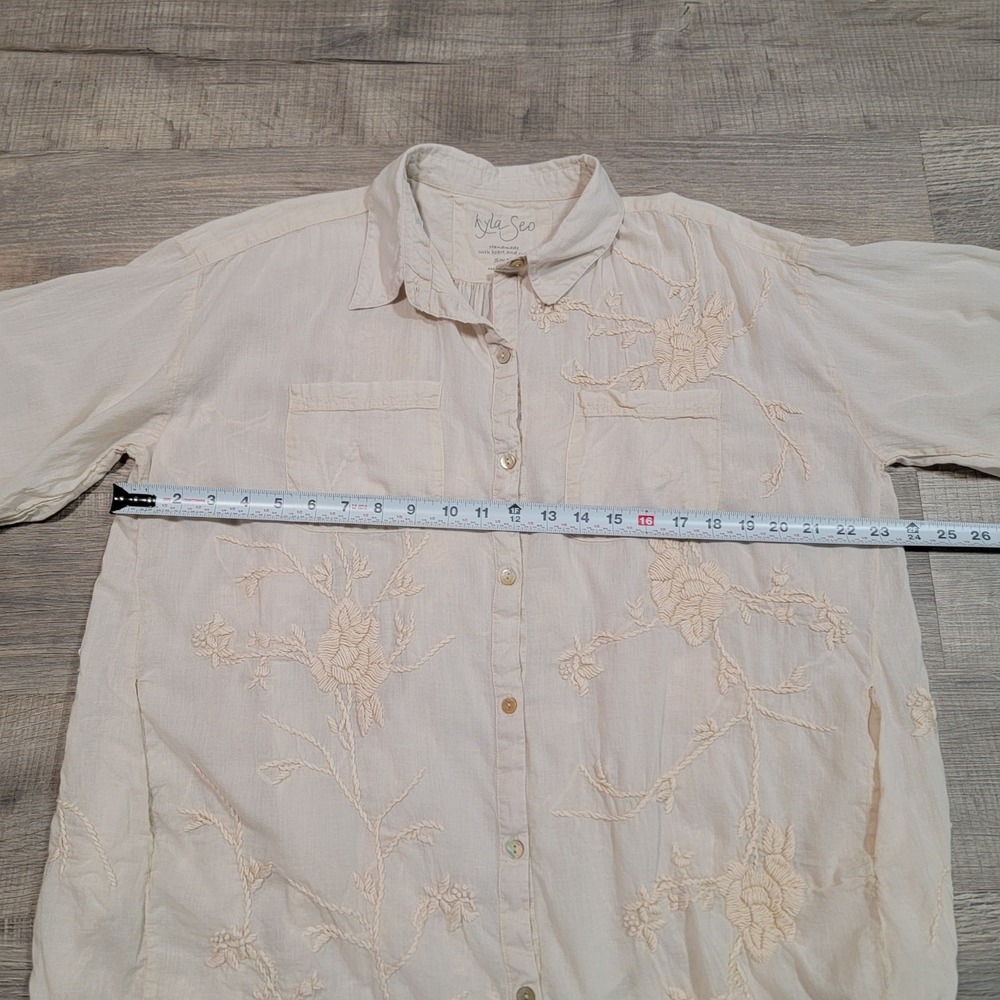 Kyla Seo Anthropologie Embroidered Cotton Gauze Button Up Shirt Pockets Small - Picture 8 of 9